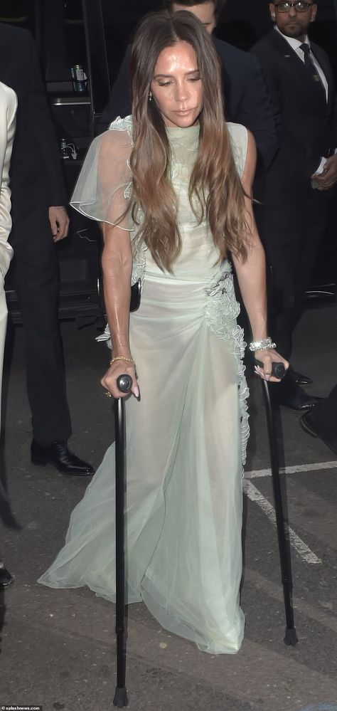 Victoria Beckham looked sensational as she arrived at her star-studded 50th birthday bash ... Private Members Club, White Satin Dress, Members Club, Victoria Beckham Dress, Quince Dresses Red, Glamour World, Sheer Gown, Beaded Cocktail Dress, Green Gown