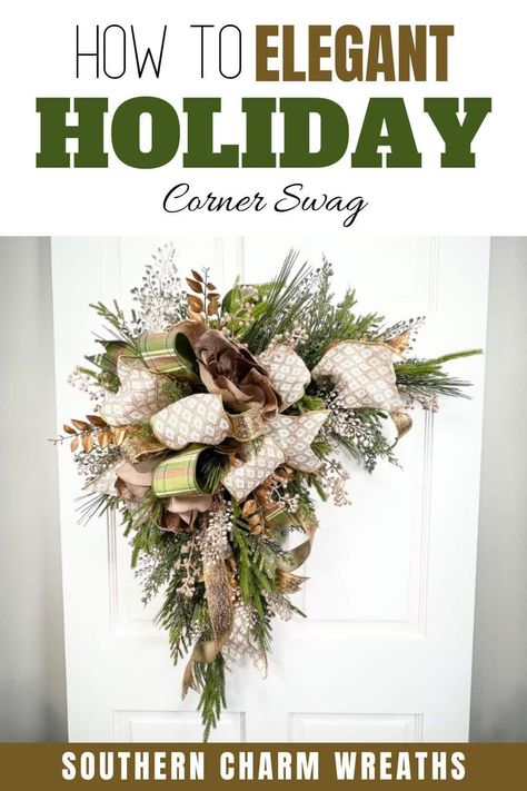 Create this elegant holiday corner swag design, complete with textured greenery, mauve magnolias, and shimmery champagne accents. Corner Swag Diy, Corner Swags For Christmas Diy, Diy Door Swag, Diy Swag Wreath, Wreath Making Business, Diy Swag, Wreath Inspiration, Swag Design, Swag Wreath