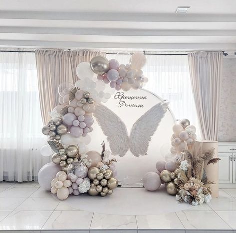 Heaven Sent Balloon Arch, Angel Balloon Decor, Baptism Stage Decoration, Angel Decorations Party, Baptism Decorations Backdrops, Christening Decorations Girl, Angel Themed Party, Angel Gender Reveal, Wings Backdrop