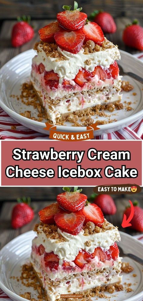 This Strawberry Cream Cheese Icebox Cake is a perfect combination of creamy and crunchy textures, along with the refreshing taste of fresh strawberries... Strawberry Condensed Milk Dessert, Strawberry Cream Cheese Icebox Cake, Cream Cheese Icebox Cake, Condensed Milk Desserts, Strawberry Icebox Cake, The Chew Recipes, Strawberry Dessert Recipes, Quick Dessert, Strawberry Shortcake Recipes