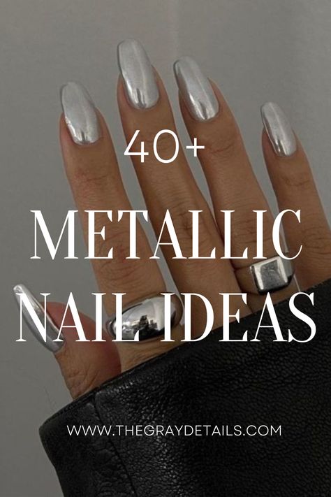 40 + Metallic Nail Ideas Silver Chrome Dip Nails, Rose Gold Dip Nail Ideas, Sns Nails Inspiration, Black Metallic Ombre Nails, Metallic Gel Nail Colors, White And Metallic Nails, Gray Dipped Nails, Dip Nail Ideas Chrome, Neutral Metallic Nails