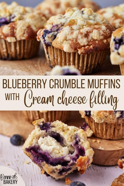 These cheesecake stuffed blueberry crumble muffins are a real treat! Great for breakfast or as a snack, the muffins have a crunchy top of streusel topping and are filled with a sweet cream cheese filling. Easy recipe which you can bake by hand without any equipment, no stand mixer required. You can use fresh or frozen blueberries. #muffins #blueberries #blueberrymuffins #crumbletop #foodphotography #bakingblog #easyrecipe #foodblog #muffinideas #easyrecipe #blueberryrecipes #springrecipe Blueberry Muffin With Cream Cheese Filling, Blueberry Crunch Muffins, Lemon Blueberry Cheesecake Muffins, Blueberry Muffin With Cream Cheese, Desserts With Strawberries And Blueberries, Blueberry Cobbler Muffins, Cheesecake Stuffed Muffins, Cozy Baked Goods, Blueberry Muffin Crumble Topping