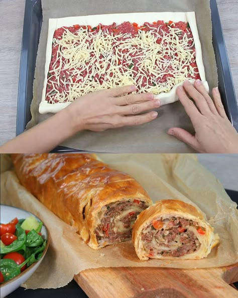 The Beef Puff Pastry Roll is a delicious and versatile dish perfect for any occasion, whether it’s a family dinner, a casual gathering, or a party. Combining savory ground beef, fresh vegetables, and melted cheese, this recipe offers a wonderful blend of flavors and textures encased in a flaky puff pastry crust. It’s simple enough for a weeknight meal yet impressive enough to serve to guests. With minimal preparation and straightforward steps, you can create a mouthwatering dish that will have e Ground Beef Wellington Puff Pastries, Meatloaf Wrapped In Puff Pastry, Puff Pastry Hamburger Roll, Phyllo Dough Recipes Dinner Ground Beef, Dinner Ideas Using Puff Pastry, Meat Pastry Recipe, Hamburger Puff Pastry Recipes, Meat Puff Pastry Recipes, Puff Pastry Main Dish Recipes