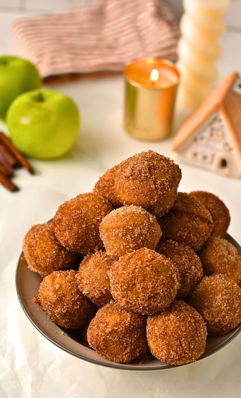 Apple Cider Donut Holes (No Eggs, Baked, 5 Ingredients) - The Conscious Plant Kitchen Apple Cider Donut Holes Recipe, Apple Cider Donut Holes, Baked Donut Holes, Apple Cider Muffins, Conscious Plant Kitchen, Gluten Free Dairy Free Breakfast, Sparkling Apple Cider, Apple Cider Donuts Baked, Making Donuts