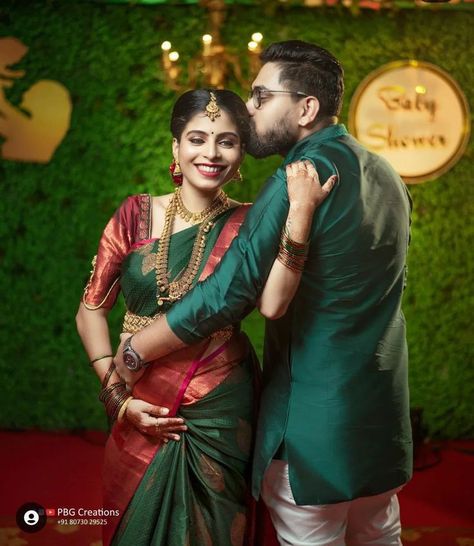 Srimantham Photoshoot Saree, Seemantham Poses With Husband, Seemantha Photoshoot, Sreemantham Photoshoot Traditional, Srimantham Stills Photo, Valakappu Photos, Seemantham Stills, Valaikappu Photoshoot, Indian Baby Shower Photoshoot Ideas