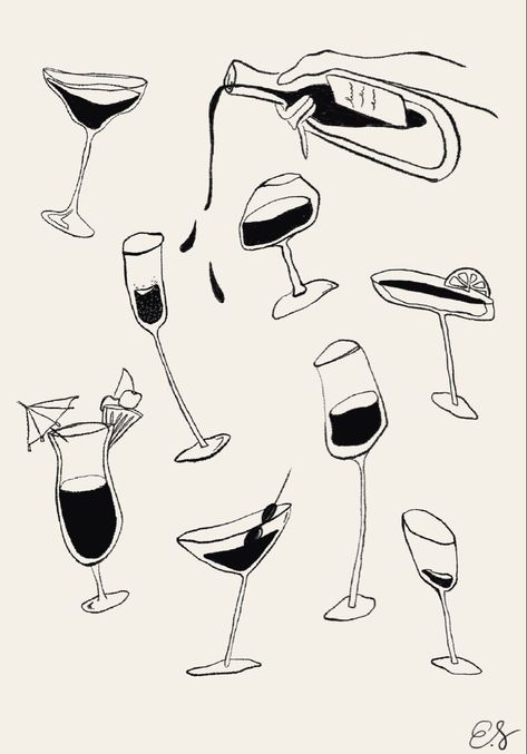 Wine Glass Sketch Drawings, Posters For Apartment, Wine Drawing Sketches, Drinking Graphics, Wine Illustration Art, Glass Of Wine Illustration, Wall Art Sketches, Bar Sketch, Random Decorations