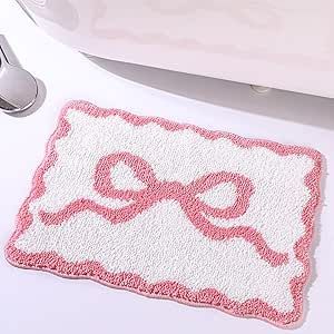 Bathroom Decor Coquette, Pink Bow Bathroom Ideas, Pink Bow Bathroom, Pink Bath Mats, Farm Bathroom, Girly Bathroom, Pink Bathroom Decor, Rug Cute, Bedroom Pink