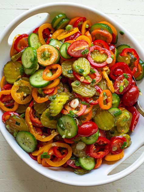 This Cucumber Salad Recipe is loaded with fresh cucumbers, zesty pickles, and crunchy summer vegetables, perfect for upcoming summer salad recipes. A must-try recipe for cucumber salad with tangy bites of sweet pickle chips and crunchy fresh veggies. This homemade salad dressing will shock you! Zesty Pickles, Marinated Salad, Cucumber Salad Recipe, Seasoned Veggies, Salad Salad, Summer Vegetables, Fresh Salad Recipes, Cucumber Recipes Salad, Cucumber Recipes