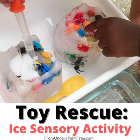 Toy Rescue: Ice Sensory Activity < From Under a Palm Tree Toy Rescue Activity, Sensory Play Toddlers, Ice Play, Ice Bowl, Sensory Activity, Ice Blocks, Teaching Toddlers, Group Ideas, Winter Preschool