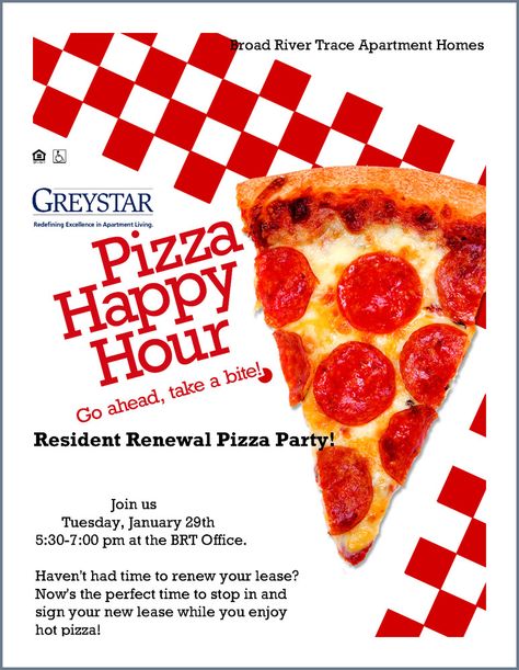 Resident Renewal Pizza Party! Resident Events Ideas Apartments, Senior Living Marketing, Networking Ideas, Work Event Ideas, Resident Appreciation, Property Management Marketing, Office Activities, Leasing Consultant, Resident Retention