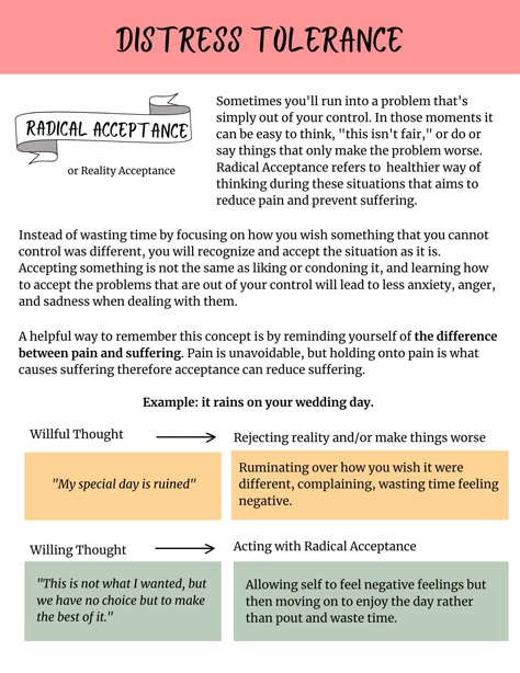 Enhance your therapy toolkit with our DBT Distress Tolerance Skills Worksheet, designed specifically for clinicians seeking effective resources to support their clients' journey towards emotional well-being. This worksheet comes exactly as the pictures show it to look. Distress Intolerance Dbt, Radical Acceptance Dbt Worksheet, Dbt Worksheet Activities, Dbt Skills Activities, Ro Dbt, Dbt Skills Worksheets, Distress Tolerance Skills, Dbt Therapy, Distress Tolerance