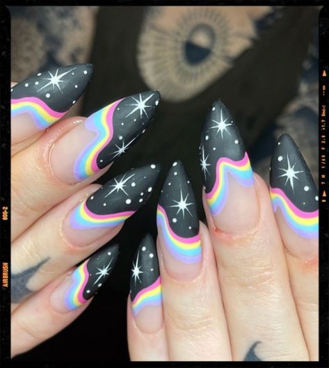 Cool Dark Nails, Nonbinary Nails Designs, Punk Summer Nails, Psychadelic Nails Acrylic, Galaxy Inspired Nails, Pastel Witch Nails, Edm Festival Nails, Witchy Acrylic Nail, Witchy Nails Acrylic