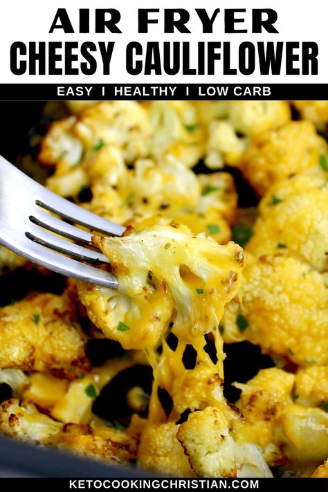 This easy Air Fryer Cheesy Cauliflower recipe features perfectly seasoned and slightly caramelized florets with a gooey melted cheddar topping. It's a healthy and delicious side that pairs perfectly with any protein. Cheddar Cauliflower Recipes, Airfry Cauliflower Recipes, Airfryer Cauliflower Recipes, Cauliflower Steaks Air Fryer, Cauliflower Recipes Air Fryer, Cauliflower Air Fryer Recipes, Air Fryer Cauliflower Recipes, Cauliflower In Air Fryer, Recipes For Cauliflower