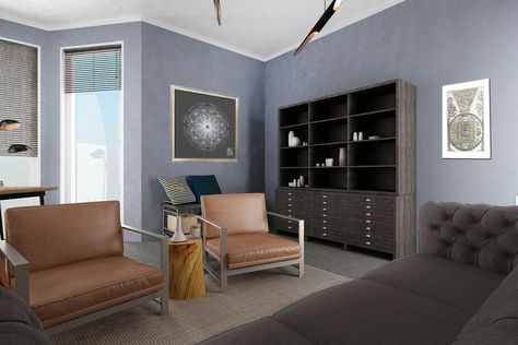 Before & After: Sophisticated and Modern Therapist Office Interior Office Interior Plan, Therapist Office Design, Office Design Interior, Charcoal Sofa, Office Waiting Rooms, Modern Hanging Lights, Office Interior Design Modern, Modern Office Interiors, Therapist Office