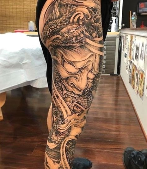 Tato Irezumi, Japanese Leg Tattoo, Tato Flash, Best Leg Tattoos, Hannya Mask Tattoo, Japanese Legs, Full Leg Tattoos, Yakuza Tattoo, Traditional Japanese Tattoos