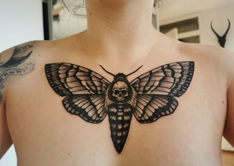 Moth Chest Tattoo Men, Bug Chest Tattoo, Moth Tattoo On Chest, Patchwork Chest Tattoo, Moth Chest Piece, Moth Chest Tattoo Female, Moth Tattoo Chest, Deathmoth Tattoo, Deaths Head Moth Tattoo