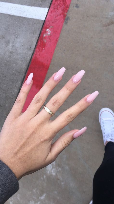 Pale Pink Coffin Acrylics, Nails Acrylic Pink Simple, Nails Acrylic Coffin Solid Color, Nails Coffin One Color, Ballerina Shape Nails Long, Coffin Basic Nails, Cute Pink Nails Coffin, Nails Acrylic Ballerina Medium, Basic Coffin Nail Ideas