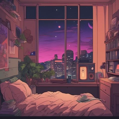 Lofi Bedroom, Lofi City, Lofi Aesthetic, Room Illustration, Bedroom Drawing, Vaporwave Aesthetic, Anime Pixel Art, Night City, City Aesthetic