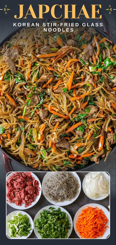 Sweet Potato Glass Noodle Recipes, Sweet Potato Noodle Recipes, Sweet Potato Glass Noodles Recipe, Sweet Potato Glass Noodles, Potato Glass Noodles, Sweet Potato Noodles Recipe, Korean Japchae, Japchae Recipe, Korean Sweet Potato Noodles