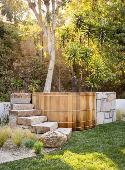 Cedar Tub, Hot Tub Deck Design, Sunken Hot Tub, Round Hot Tub, Hot Tub Landscaping, Tub Deck, Hot Tub Patio, Cedar Hot Tub, Hot Tub Deck