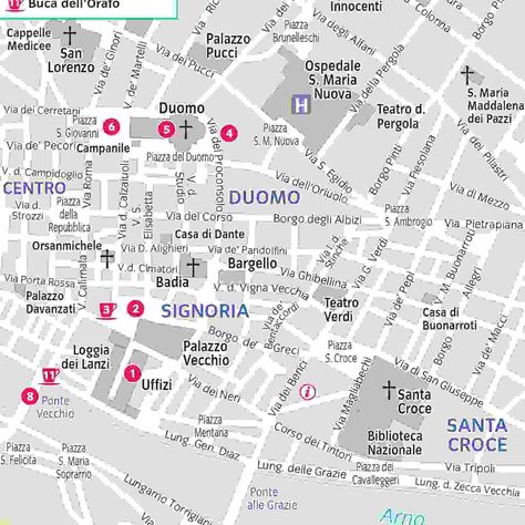 Florence top tourist attractions map - Free map of inner city centre best destinations, favourite points of interest to visit in one day including Ponte Vecchio Bridge Italy Travel Map, Florence Map, Florence City, Free Maps, Italy Map, San Lorenzo, Inner City, Travel Maps, Street Map