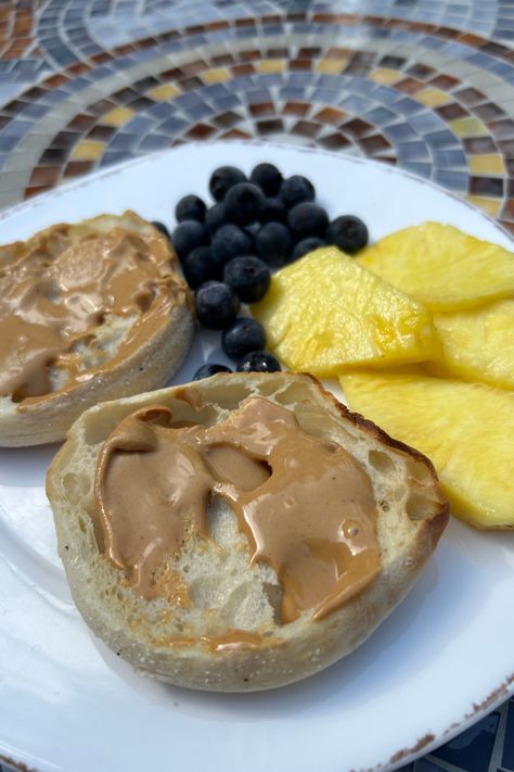 Toasted Bays English Muffins with Peanut Butter English Muffin Aesthetic, English Muffin Toppings, English Muffins Toppings, English Muffin Recipe, Pregnancy Meals, English Muffin Breakfast, Muffins For Breakfast, Cheese And Fruit, English Muffin Recipes