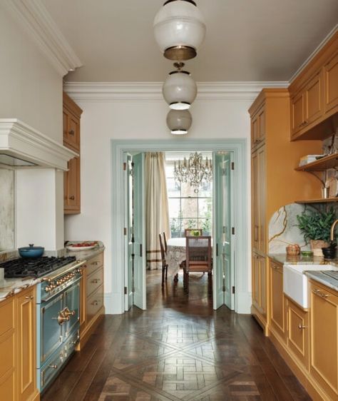 This galley kitchen maximises functionality Yellow Kitchen Cupboards, London Kitchen Design, Townhouse Kitchen, Galley Kitchen Layout, Old World Kitchens, Gallery Kitchen, Bespoke Kitchen Design, London Townhouse, London Kitchen