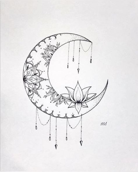 Hand Tattoos Moon And Stars, Bohemian Moon Tattoo, Feminine Fine Line Tattoo Ideas, Mandala Moon Tattoo Design, Half Moon Tattoo Designs For Women, Protection Moon Tattoo, Fine Line Moon Tattoos, Lotus Moon Tattoo Design, Lotus Flower Moon Tattoo