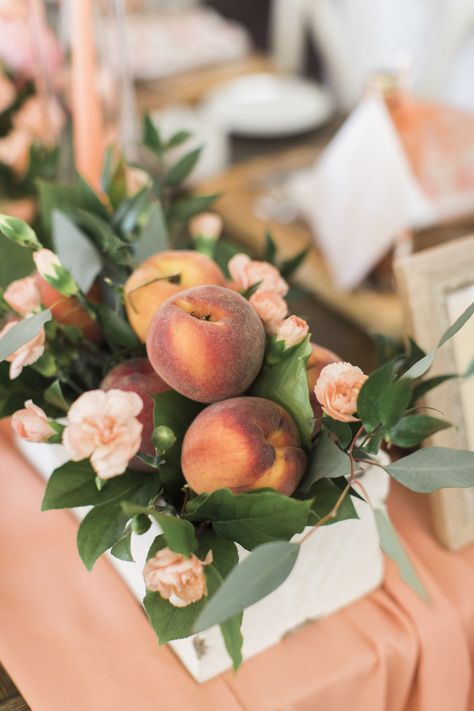 Peaches And Cream Party, Peaches Centerpiece, Peach Baby Shower Centerpieces, Bridal Shower Peach Theme, Sweet Little Peach Baby Shower Decor, Peach Bridal Shower Ideas, Prayer Picnic, Peach Themed Baby Shower Ideas, Sweet Peach Baby Shower Theme