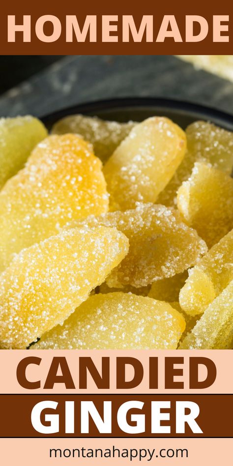 Close-up of homemade candied ginger in a bowl. Candied Ginger Recipe, Crystalized Ginger Recipe, Ginger Candy Recipe, Candy Ginger, Crystalized Ginger, Ginger Recipe, Candied Fruits, Rustic Recipes, Candied Ginger