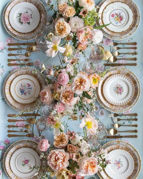 Casa de Perrin on Instagram: "Modern day Marie Antoinette 💗 Featuring our Marie Daâge Dahlia and Panache Dinnerware + White Botanicals Vintage China + Bella 24k Gold Rimmed Stemware in Blush + Chateau Gold Flatware + Pink Crystal Salt Cellars + Tiny Gold Spoons, floral by @megan_gray #🍽️" Marie Antoinette Tablescape, Vintage Plates Wedding, Mismatch China Wedding Place Settings, Mixed Match China Wedding, Vintage China Wedding, Vintage China Place Setting, Antoinette Aesthetic, Modern Marie Antoinette, Pink Garden Wedding