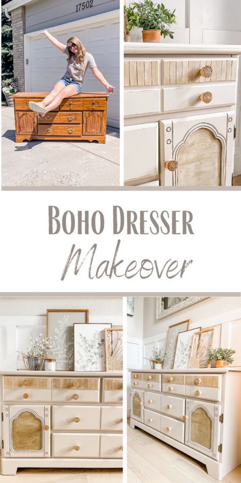 Boho Dresser Makeover Boho Adult Bedroom Dresser, Diy Rattan Dresser Makeover, Boho Dresser Refurbish, Dresser Flip Bohemian, Kids Boho Dresser, Boho Chic Dresser With Mirror, Boho Dressers, Boho Dresser Makeover, Boho Dresser￼