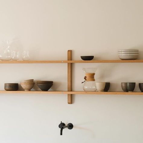 Kitchen Shelf Minimalist, Scandinavian Kitchen Floating Shelves, Japandi Kitchen Shelves, Japandi Shelving, Oak Shelves Kitchen, Cafe Shelving, Japandi Shelves, Japandi Shelf, Japanese Shelf