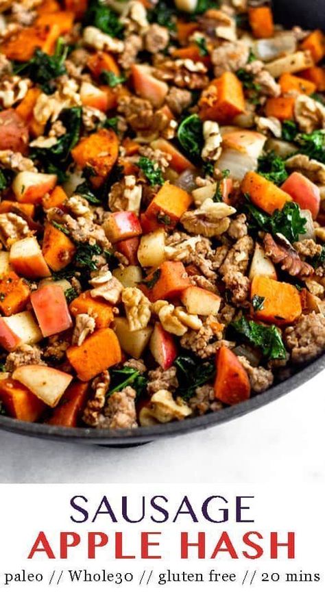 Easy paleo and Whole30 Sausage Apple Hash made in one pan and in 20 mins! Perfect for sweet & savory comforting breakfast and great for meal prep! - Eat the Gains #whole30 #breakfasthash #paleo #glutenfree #mealprep #sausagehash Sausage Sweet Potato Recipes, Whole30 Sausage, Whole30 Sweet Potato, Paleo Menu, Sausage Hash, Instant Pot Cookbook, Sweet Potato And Apple, Healthy Paleo Recipes, Sweet Potato Breakfast