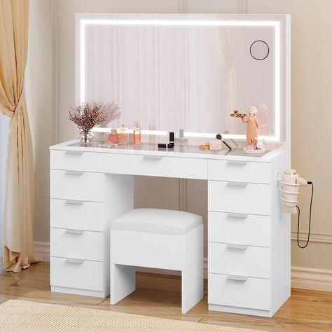 Latitude Run® SlayStation Plus 2.0 Tabletop Vanity Desk with Clear Glass Top and 5 Drawer Units Bundle for Storage | Wayfair Clear Top, Vanity Desk, Drawer Unit, Bedroom Ideas, Clear Glass, Table Top, Vanity, Drawers, Desk