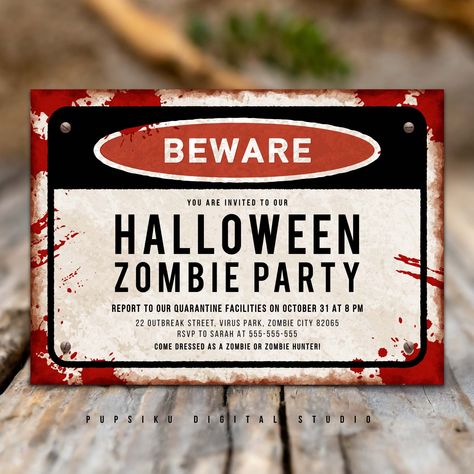 Halloween Zombie Party Invite, 5x7 Editable Party Card, Beware Halloween Monsters Cosplay Event, Download Printable Template Corjl 050B by PupsikuDigital on Etsy Zombie Invitations, Halloween Monsters, Zombie Party, Halloween Zombie, Halloween Monster, Zombie Halloween, Party Invite, Party Card, Invitation Paper