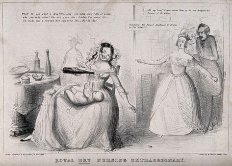 A drunken wet-nurse about to give the Prince of Wales (later Edward VII) a drop of alcohol as a horrified Queen Victoria and Prince Albert burst in on the scene. Lithograph. | Wellcome Collection Royal Nursery, Wet Nurse, Elizabeth Of York, Jean Honore Fragonard, Grand Duchess Olga, Wellcome Collection, Baby Prince, British Royal Families, Royal Babies