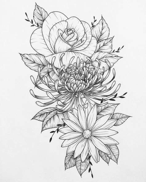 Most recent piece done for a very nice client  #flowers #art #drawing #tattoo #flash #flowertattoo #linedrawing #chrysanthemum #rose #daisy #sketch Wildflowers Tattoo, 27 Tattoo, Colorful Flower Tattoo, Tattoo Baby, Chrysanthemum Tattoo, Flower Tattoo Drawings, Tattoo Photography, Drawing Tattoo, Flower Tattoo Sleeve