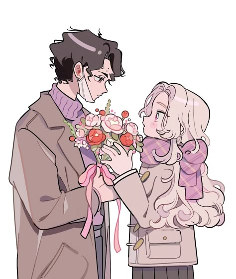 Couple Giving Flowers Drawing, Love Triangle Drawing Reference, Cocoppa Wallpaper, Cute Couple Art, 영감을 주는 캐릭터, Anime Poses Reference, Anime Poses, Cute Characters, Cartoon Art Styles