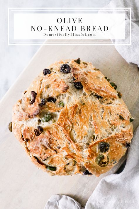 Olive No Knead Bread, No Knead Skillet Olive Bread, No Knead Kalamata Olive Bread, Green Olive Bread Recipe, Italian Olive Bread Recipe, No Knead Olive Bread Recipe, Recipes With Green Olives, No Knead Olive Bread, Green Olive Bread