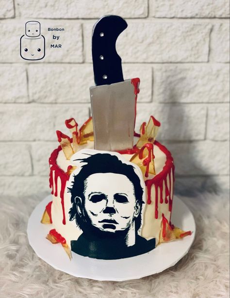 Buttercream Michael Myers cake topped with eddible butcher knife and sugar broken glass Michael Myers Cake Ideas, Michael Myers Cake, Horror Treats, Halloween Cake Decorations, Horror Cake, Halloween Theme Birthday, Horror Themed Party, Scary Cakes, Zombie Cake