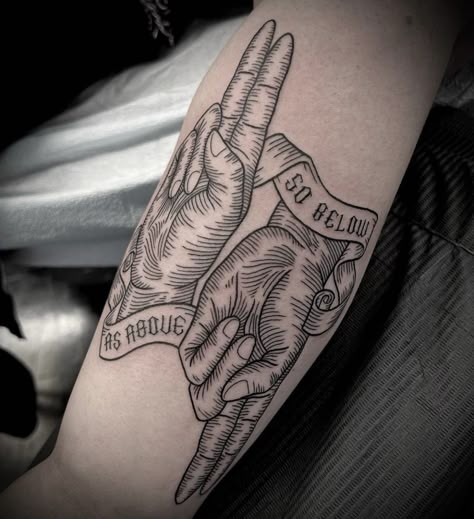 Witches Hand Tattoo, Matching Rock Tattoos, Esoteric Tattoo Occult, Exmormon Tattoo, Medieval Forearm Tattoo, As Within So Without Tattoo, No Gods No Masters Tattoo, As Above So Below Hands, Mimic Tattoo