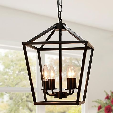 Kitchen Island Pendant Lights Modern, Chandelier For Kitchen, Pendant Lantern, Foyer Lighting Fixtures, Home Dining Room, Lantern Pendant Lighting, Rustic Lanterns, Black Cage, Lantern Chandelier