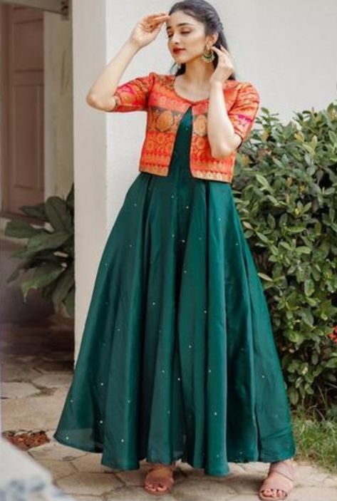 Koti Style Frock, Mirror Work Dress, The Secret Label, Brocade Jacket, Simple Frock Design, Long Frock Designs, Long Gown Design, Simple Frocks, Anarkali Dress Pattern