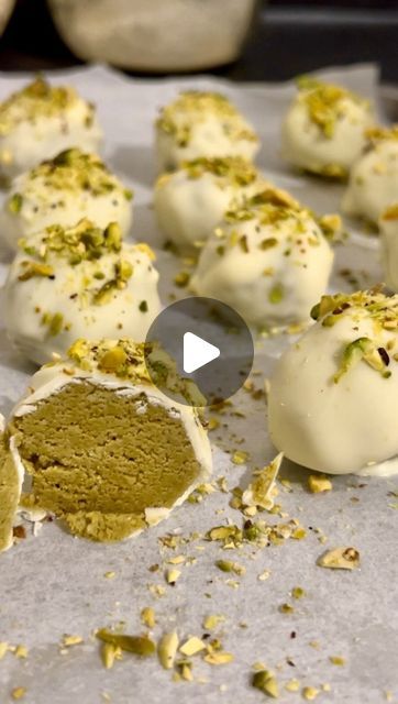 Gabriela Dmt | Nutrition on Instagram: "Pistachio Truffles 🤤🤍 These are so good and easy to make, you only need 3 ingredients.  Best pistachio dessert, approved by husband👌  What you need - 2 tablespoons pistachio cream spread  - 100g almond flour ( oat flour would work too) - 100g white chocolate + 1 tsp coconut oil, melted  What you do 1. Mix with a fork the pistachio cream and almond flour 2.  Form 12 small balls with your hands 3.  Place them on a parchment line baking sheet and refrigerate for 1 hour. 4.  Meanwhile, melt the white chocolate in a heat proof bowl over a simmering pot of water or in the microwave and add 1 teaspoon of coconut oil. 5.  Dip the truffles into the melted chocolate and place them back on the baking sheet and sprinkle some ground pistachio over them.  6.  P Almond Flour Truffles, White Chocolate Pistachio Truffles, Pistachio Truffles Recipe, Keto Pistachio Dessert, Easy Pistachio Dessert, Pistachio Cream Dessert, Pistachio Balls, Pistachio Truffles, Pistachio Spread