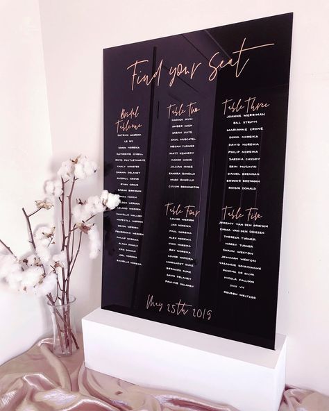 Usually the first thing you see at a wedding reception is the seating plan and this black + rose gold number is a beauty! ✨🖤 Acrylic Seating Chart, Bride And Groom Silhouette, Wedding Seating Plan, Find Your Seat, Romantic Outdoor Wedding, Reception Sign, Seating Sign, Seating Plan Wedding, Reception Signs