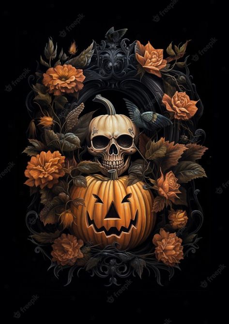 Halloween Flowers Wallpaper, Ros Gold, Spooky Stuff, Halloween Floral, Skull Pumpkin, Halloween Flowers, Pumpkin Leaves, Skull Halloween, Iphone Backgrounds