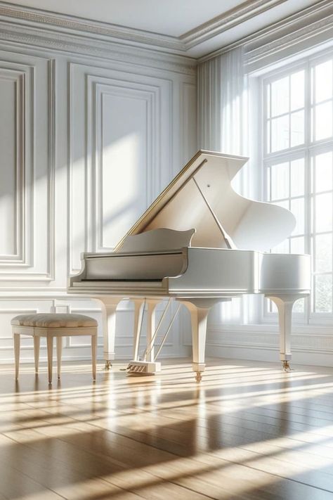 Grand Piano Interior Design, Grand Piano Living Room Luxury, White Grand Piano Aesthetic, Small Piano Room Ideas, Piano In House, Piano Room Aesthetic, Grand Piano Aesthetic, Playing Piano Aesthetic, Grand Piano Decor