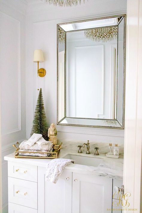 Christmas Home Tour 2017 - Silver and Gold Christmas guest bathroom/powder room dressed up for Christmas- Randi Garrett Design Powder Bath Christmas Decor, Christmas Decor Powder Room, Simple Christmas Bathroom, Christmas Decor In Bathroom, Powder Room Christmas Decor, Christmas Powder Room, Christmas Bathroom Decor Small Spaces, Christmas Guest Bathroom, Xmas Bathroom Decor