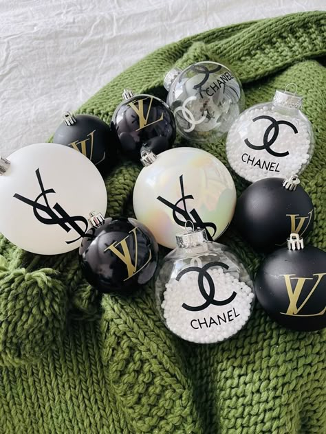 Ysl Christmas Tree, Champaign Bar, Designer Ornaments, Lux Christmas, Chanel Stickers, Chanel Christmas, Cute Furniture, Bling Crafts, Christmas Graphic